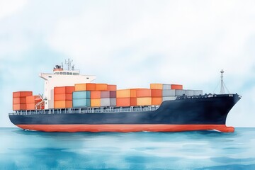Fototapeta premium Delicate watercolor cargo ship on a serene sea, with abstract trade routes in the background, Global shipping, Watercolor international trade
