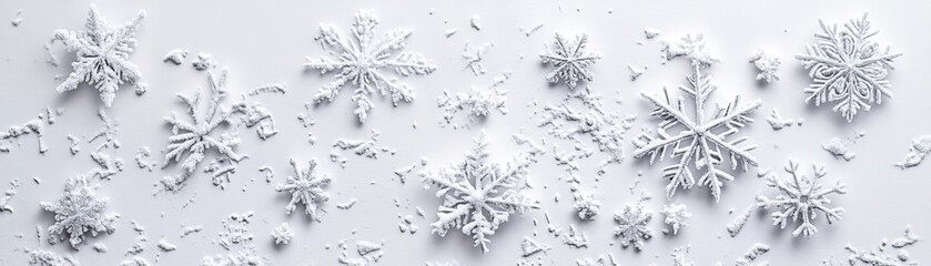 Delicate snowflakes arranged beautifully on a soft white background, evoking a serene winter ambiance and the beauty of nature.