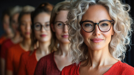 Obraz premium A confident woman leads a group of women in red, highlighting their unique styles and expressions while standing together in a cohesive formation