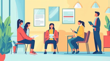 Fototapeta premium Employee hiring process concept with people scene for web. Woman submits resume for open vacancy. HR manager selects candidate and interviews at meeting. Vector illustration in flat perspective design