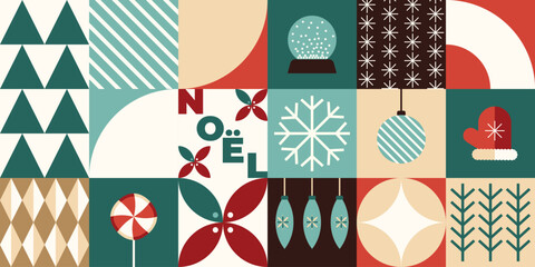 Merry Christmas and Happy New Year geometric abstract ornamental elements. Christmas symbols. Modern Christmas geometric background, banner, bauhaus style