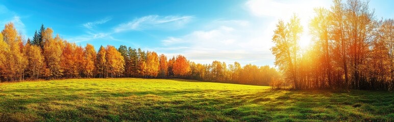 Golden Autumn Forest Landscape - Sunlit Meadow with Vibrant Colors