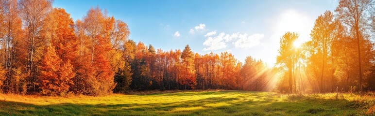 Fototapeta premium Autumn Forest Landscape with Golden Leaves and Sun Rays