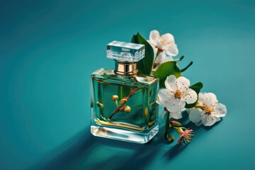 A glass bottle of perfume rests next to blooming white flowers on a vibrant teal background, reflecting beauty and tranquility in nature