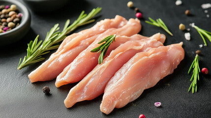 raw chicken fillet cut into long strips on grey background