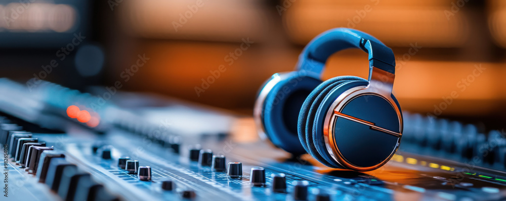 Poster close-up of professional headphones placed on an audio mixing console in a recording studio with a b
