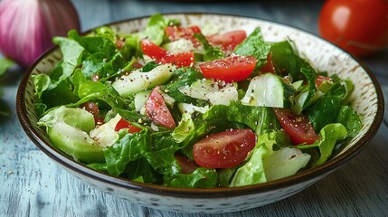 Fresh Greek salad-feta cheese, tomato, lettuce, black olives, Maroulosalata Greek Lettuce Salad with iceberg lettuce.