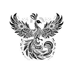 Obraz premium Phoenix with bohemian decoration decoration in black and white illustrations, cutout graphic