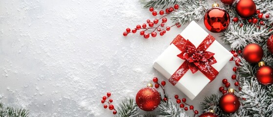 Christmas Gift with Red Ornaments and Snow