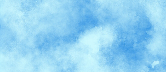 Clear blue color watercolor cloudy sky with tiny white cloud, White Cloudy Blue Sky Watercolor with stains, art abstract blue color paper texture background, Abstract Bluesky WaterColor grunge.