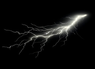 Lightning strike isolated on black background, white lightning bolt striking in the sky, thunderstorm and weather concept