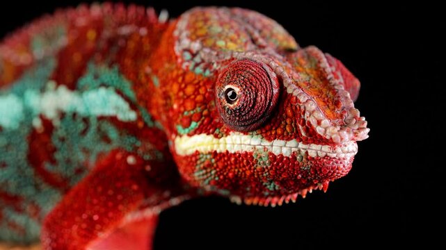 Close-up shot of a beautiful red and green chameleon in front of a black background.
