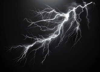Lightning strike isolated on black background, white lightning bolt striking in the sky, thunderstorm and weather concept