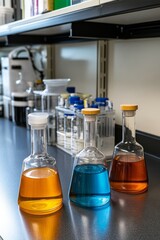 Three laboratory flasks with vibrant liquids on a shelf, representing science, research, and experimentation.