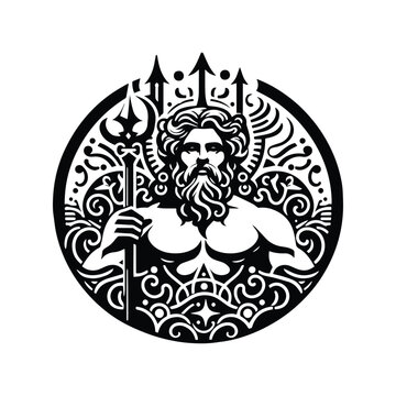 Poseidon greek god with trisula with bohemian decoration decoration in black and white illustrations, cutout graphic black and white illustration