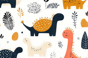 Colorful dinosaur pattern illustration featuring playful prehistoric creatures and abstract foliage on a white background, perfect for kids designs.