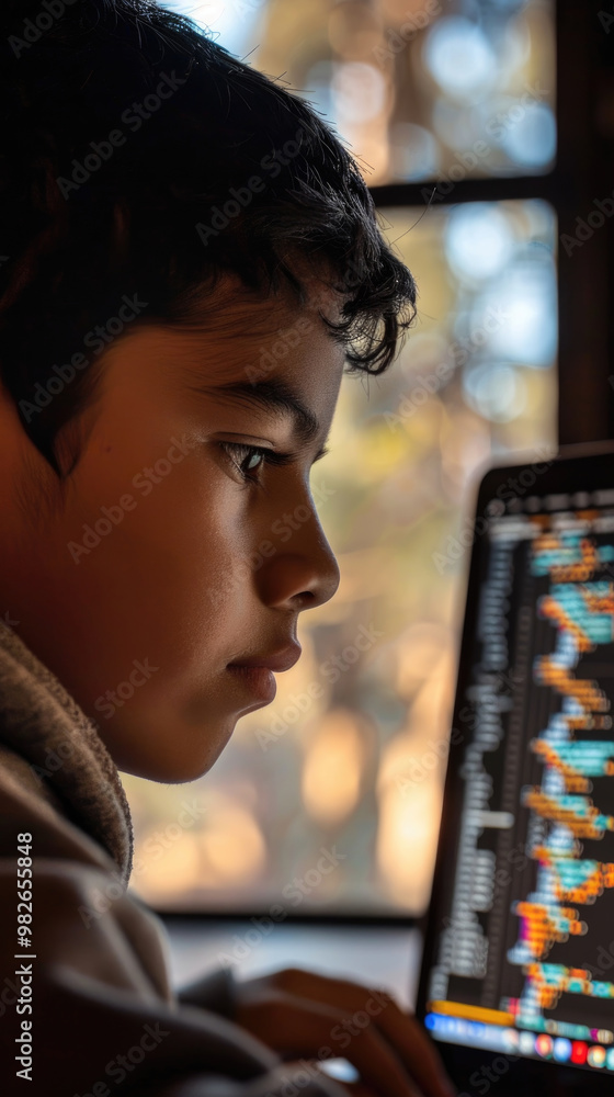 Poster a young boy intensely engages with his laptop, immersed in coding as sunlight streams through the wi