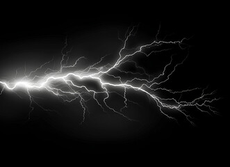 Lightning strike isolated on black background, white lightning bolt striking in the sky, thunderstorm and weather concept