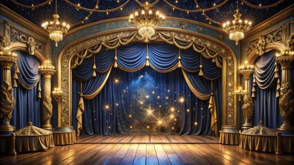 In a luxurious velvet-draped theater, a sumptuous golden stage beckons, adorned with delicate lace, carved wooden accents, and a dazzling array of sparkling lights that shimmer like diamonds