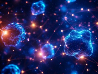 A vibrant depiction of glowing cells in a cosmic environment, showcasing intricate details and luminous connections.