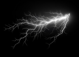 Lightning strike isolated on black background, white lightning bolt striking in the sky, thunderstorm and weather concept