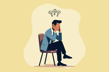 Illustration of a businessman sitting alone covering his ears because he has a question that is difficult to answer