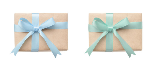  Clipped image featuring two gift items: one with a  glossy light blue ribbon wrapped in a natural...