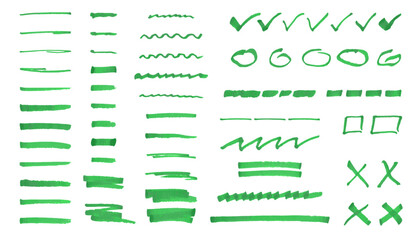 Set of highlighter elements, hand drawn stripe by green marker. Underline, colorful text mark. Brushes collection. Vector illustration isolated on white background