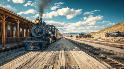 A vintage train station in the American West, with weathered wooden platforms and an old steam engine waiting to depart. The open countryside and clear sky offer generous room for copy space