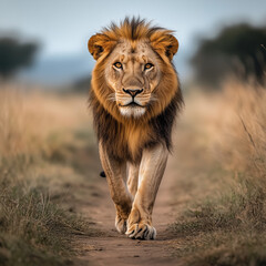 Obraz premium This image is a picture of a lion, which is a mammal in the cat family. Lions are strong predators. The distinctive feature of the male's mane is the distinctive feature that makes lions well-known al