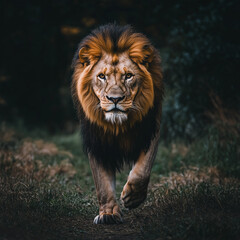 Obraz premium This image is a picture of a lion, which is a mammal in the cat family. Lions are strong predators. The distinctive feature of the male's mane is the distinctive feature that makes lions well-known al