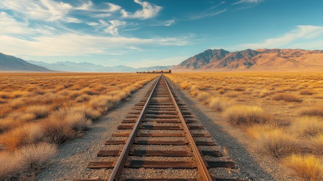 A panoramic view of an old western train track stretching across a vast desert landscape, with a single vintage train in the distance. The barren terrain and open sky provide plenty of space for copy