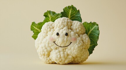 Cheerful Cauliflower with Leaves and Smile Design