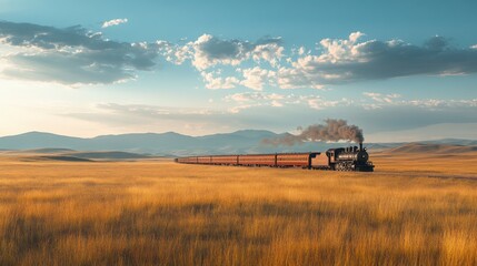 Fototapeta premium A historic steam engine winding through a wide, grassy plain in the Old West, with mountains in the distance and open sky above. The expansive scenery offers a lot of room for text
