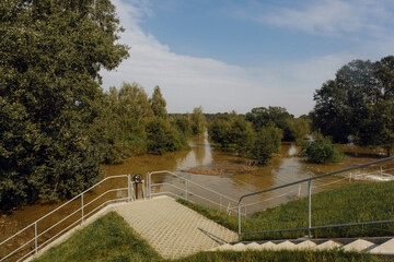 Wroclaw, Poland at the time of flooding on the Odra River Concept of urban landscapes, hydropower and urban development along the riverbank.
