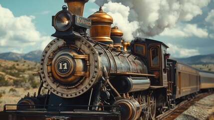 Fototapeta premium A close-up of a historic steam train in the Old West, with intricate metal details and a smoky engine. The wide open landscape beyond the train provides ample room for copy