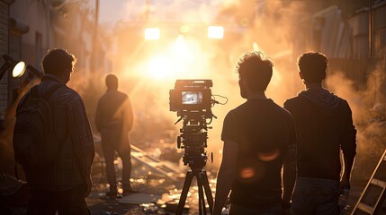 A team of photographers on a location shoot, coordinating angles and lighting. Their collaborative effort captures the essence of teamwork in producing high-quality imagery.