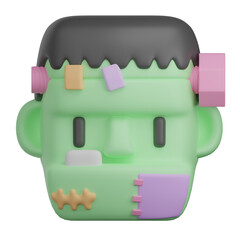 Cute 3D green monster head with playful accessories displayed on a white background, showcasing creativity and artistry in design, Frankenstein