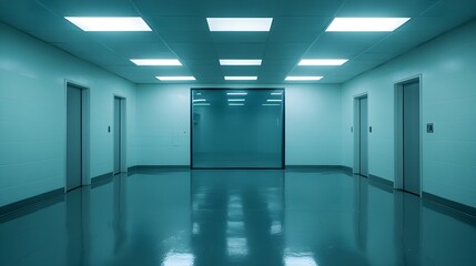 An empty, sterile interrogation room. White walls, harsh fluorescent lights, and a reflective two-way mirror create a cold, unsettling atmosphere