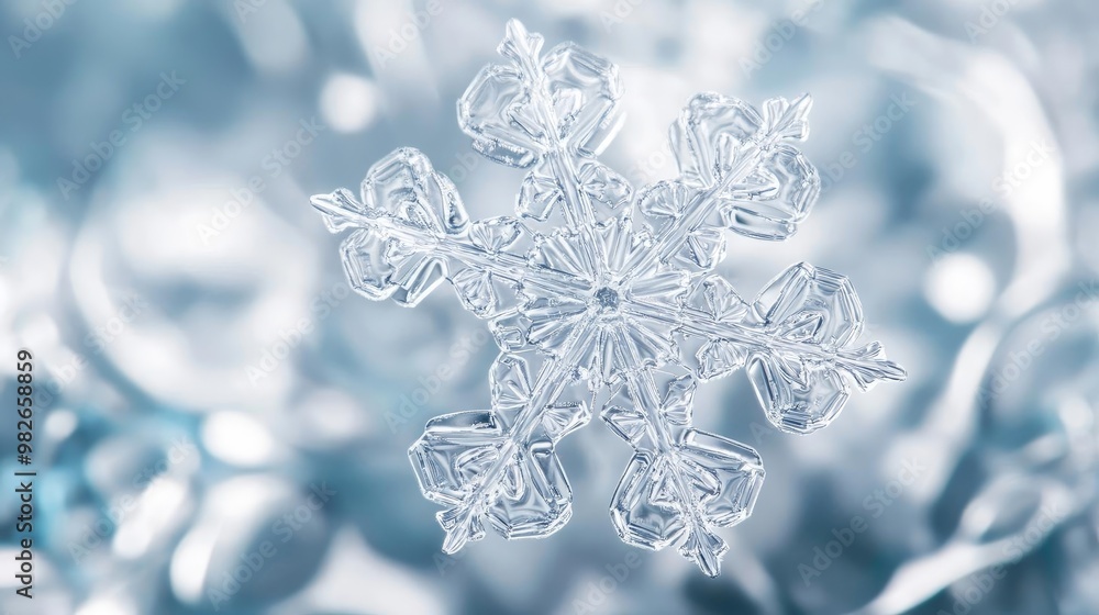 Poster a close-up of a delicate snowflake resting on a shimmering background, showcasing its intricate desi