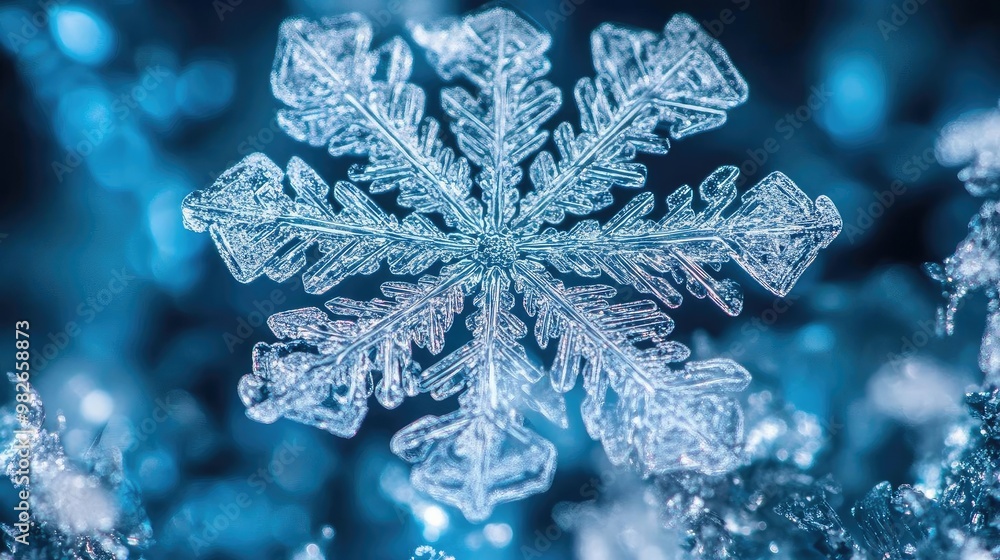 Aufkleber close-up of a beautiful snowflake with intricate details and stunning ice patterns against a soft bl