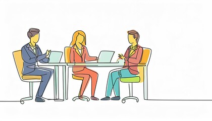 One single line drawing of young interviewee being interviewed by some company managers for job vacancy. Job interview process concept.