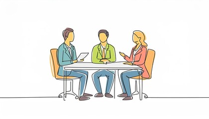 One single line drawing of young interviewee being interviewed by some company managers for job vacancy. Job interview process concept.