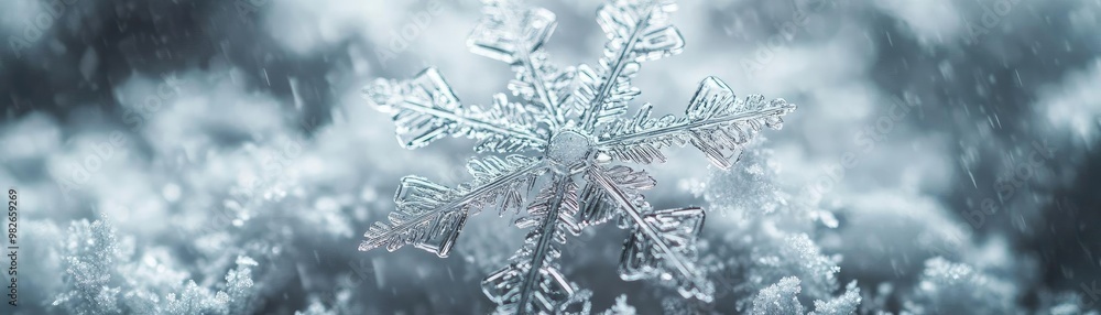Poster close-up of a unique snowflake falling gently, capturing the delicate beauty and intricate details o