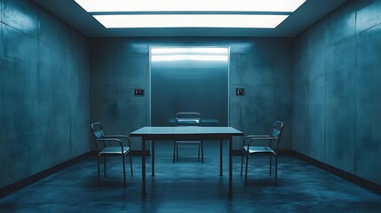 An interrogation room in a government building, cold and clinical. A table, two metal chairs, and a looming two-way mirror under bright white lights