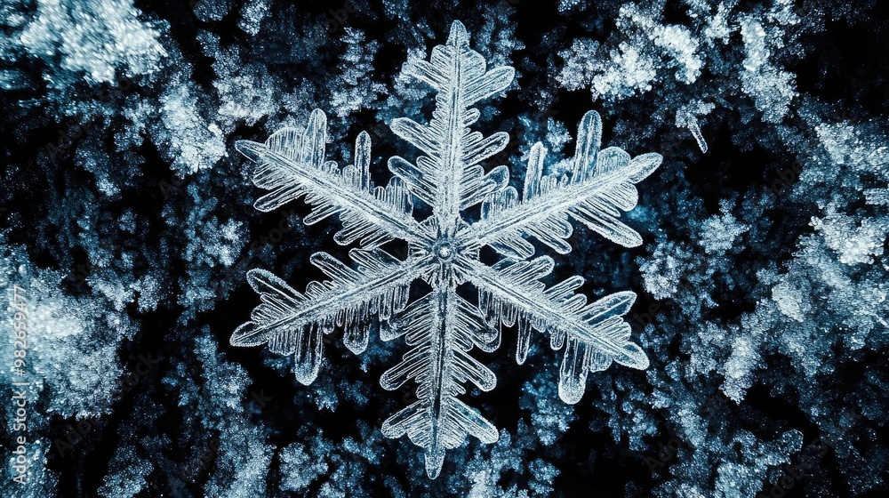 Poster a close-up view of a delicate snowflake showcasing intricate patterns against a dark background, per