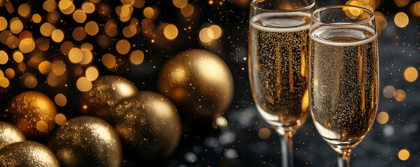 Glasses of champagne against blurred background. Space for text