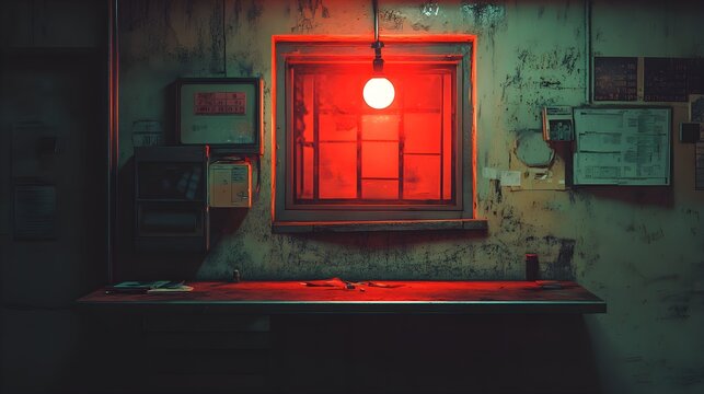 An isolated police outpost, dimly lit by a single red bulb. The suspect fidgets under the glare, while the scratched metal table reflects the harsh lighting