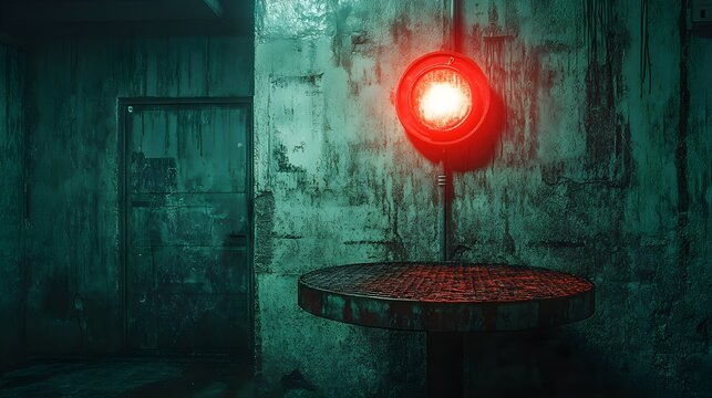An isolated police outpost, dimly lit by a single red bulb. The suspect fidgets under the glare, while the scratched metal table reflects the harsh lighting