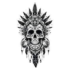 Obraz premium sugarskull male with bohemian decoration in black and white illustrations, cutout graphic